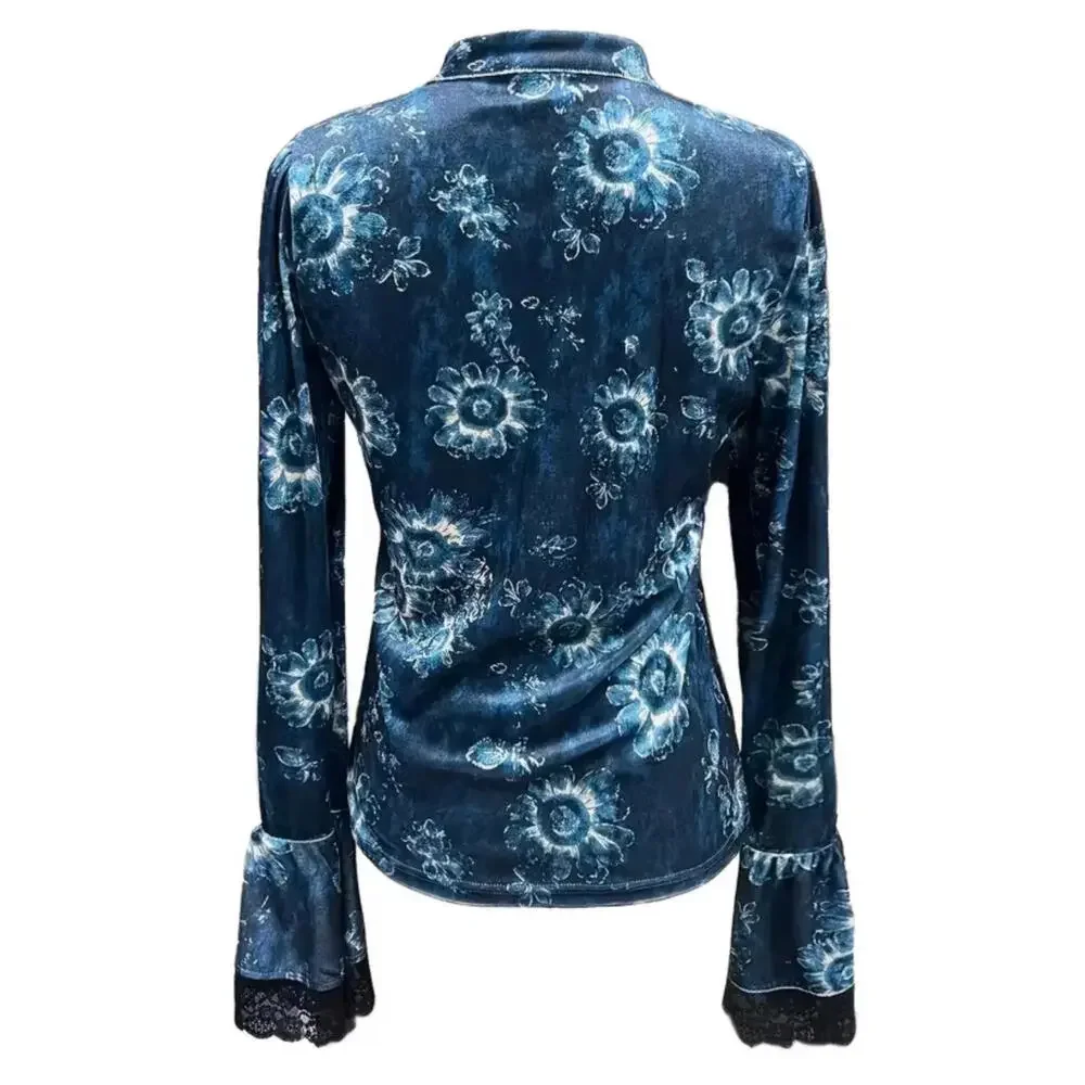 NEW Beautiful Vintage S-XL Boho Blue Velvet Blouse Lace Trim Floral Print Top - Picture 7 of 10